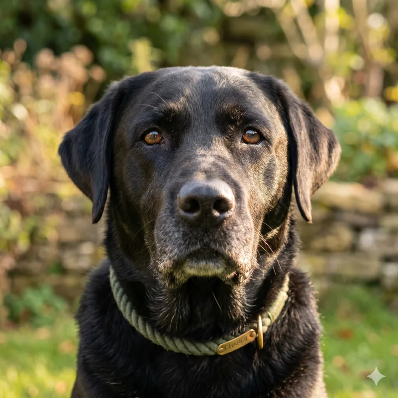 A calm, bright-eyed dog resting beside its owner